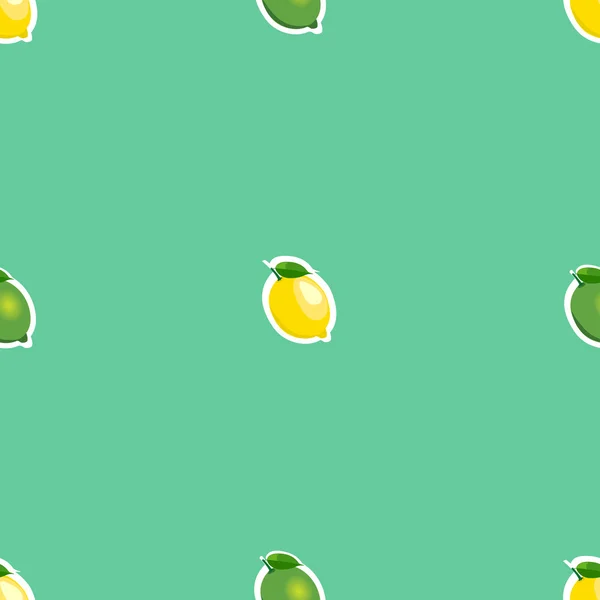 Patrón sin costuras con limones pequeños y limas con hojas verdes. Fondo turquesa . — Archivo Imágenes Vectoriales