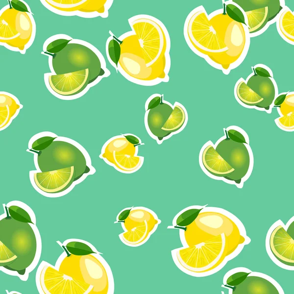 Modello senza soluzione di continuità con limoni e lime con foglie e fette adesivi. sfondo turchese . — Vettoriale Stock