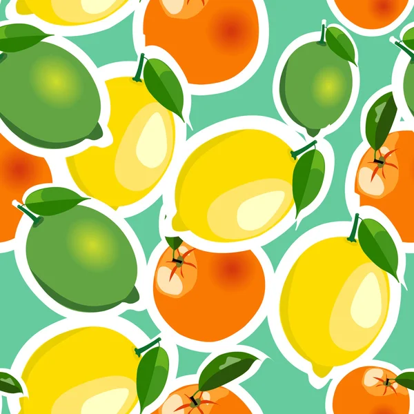 Motif sans couture avec des autocollants citron, orange, citron vert. Fruits isolés sur un fond turquoise — Image vectorielle