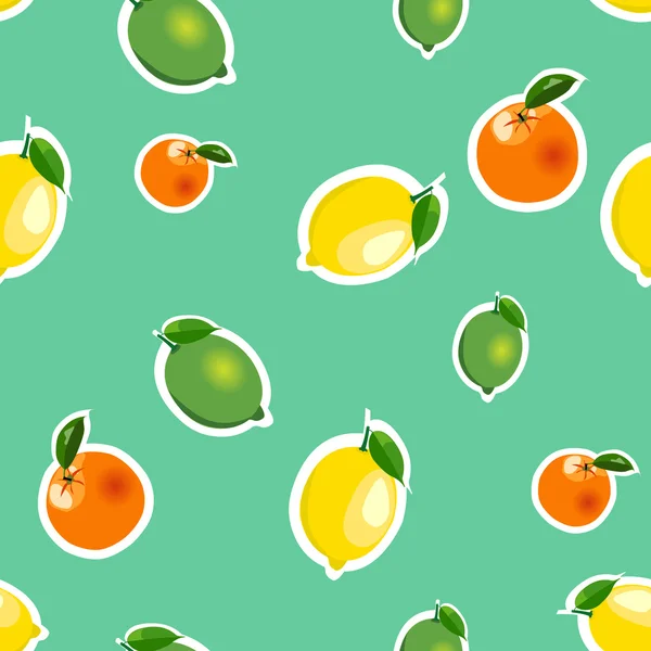 Modello senza cuciture con limone, arancio, lime. Frutta isolata su fondo turchese — Vettoriale Stock