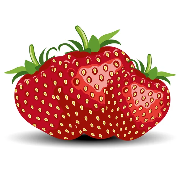 Trois fraises rouges aux feuilles vertes — Image vectorielle