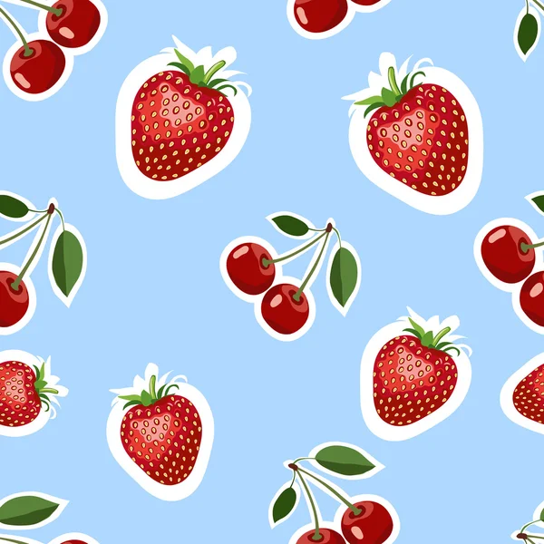 맛 있는 딸기와 체리 다른 크기의 현실적인 이미지의 패턴입니다. 파란색 배경 — 스톡 벡터