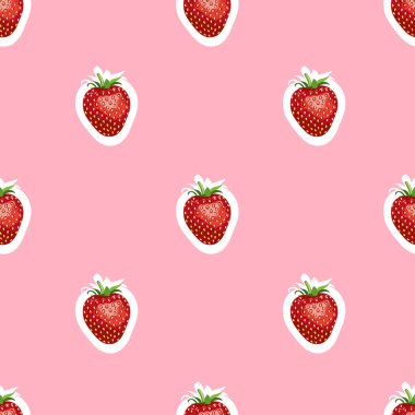 Desen lezzetli olgun çilek gerçekçi görüntü aynı boyutta. Pembe bir arka plan