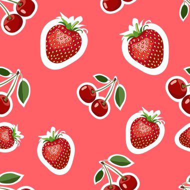 Gerçekçi görüntü lezzetli çilek ve vişne farklı boyutlarda desen. Kırmızı bir arka plan