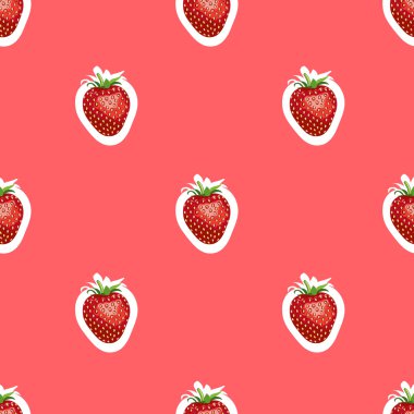 Desen lezzetli olgun çilek gerçekçi görüntü aynı boyutta. Kırmızı bir arka plan