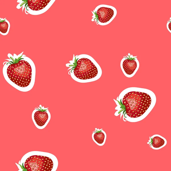 熟したイチゴ、おいしいさまざまなサイズのリアルな画像のパターン。赤の背景 — ストックベクタ