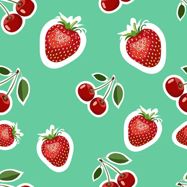맛 있는 딸기와 체리 다른 크기의 현실적인 이미지의 패턴입니다. 청록색 배경 — 스톡 벡터