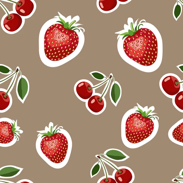 Modèle d'image réaliste de délicieuses fraises et cerises de différentes tailles. Fond brun — Image vectorielle