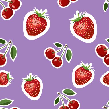 Gerçekçi görüntü lezzetli çilek ve vişne farklı boyutlarda desen. Mor arka plan