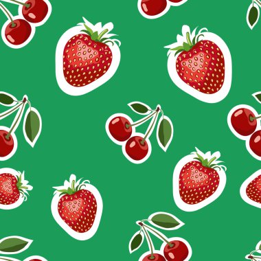 Gerçekçi görüntü lezzetli çilek ve vişne farklı boyutlarda desen. Yeşil arka plan