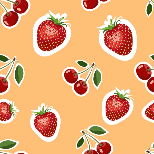 Modèle d'image réaliste de délicieuses fraises et cerises de différentes tailles. Fond orange — Image vectorielle