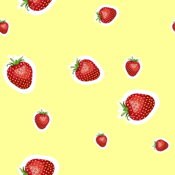 熟したイチゴ、おいしいさまざまなサイズのリアルな画像のパターン。黄色の背景 — ストックベクタ