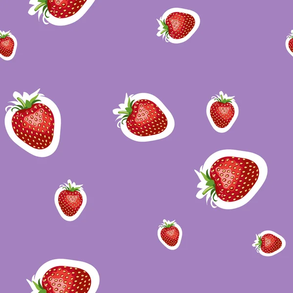 Patrón de imagen realista de deliciosas fresas maduras de diferentes tamaños. Fondo púrpura — Vector de stock