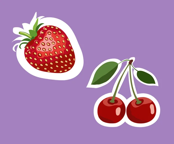 Jeu d'autocollants de fruits colorés vectoriels sur violet . — Image vectorielle