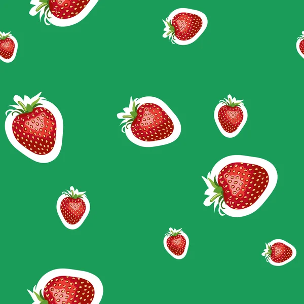 熟したイチゴ、おいしいさまざまなサイズのリアルな画像のパターン。緑の背景 — ストックベクタ