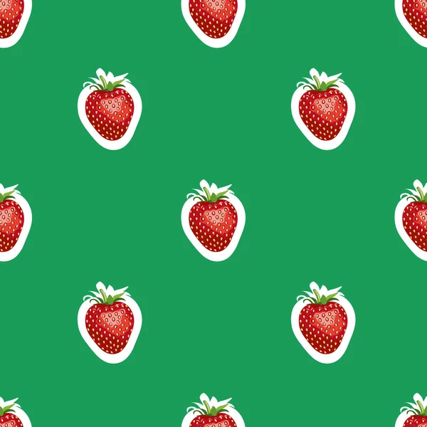 Mönster av realistisk bild av läckra mogna jordgubbar samma storlekar. Grön bakgrund — Stock vektor