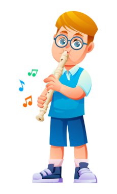 Gözlüklü küçük çocuk kayıt cihazı çalıyor. Müzik aleti üzerinde çalışan odaklanmış bir öğrenci. Vektör çizgi film karakteri çizimi