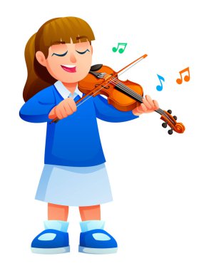 Fiyonklu keman çalan mutlu küçük kız. Müzik çalışmasına odaklanmış bir çocuk. Vektör çizgi film karakteri çizimi