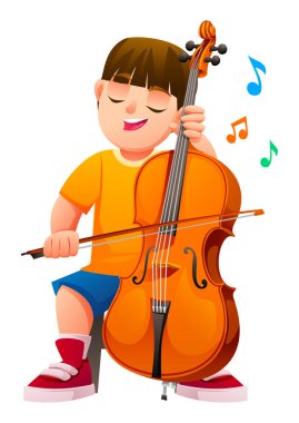 Küçük çocuk yayla çello çalıyor. Odaklanmış çocuk müzisyen gözleri kapalı bir telli çalgıyla pratik yapıyor. Vektör çizgi film karakteri çizimi