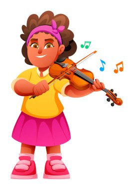 Fiyonklu keman çalan küçük bir kız. Neşeli öğrenci müzik çalışıyor. Vektör çizgi film karakteri çizimi