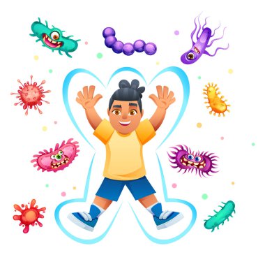 Mavi koruyucu bir auranın içindeki genç bir çocuk. Etrafında çeşitli komik mikroplar var. Vektör çizgi film illüstrasyonu