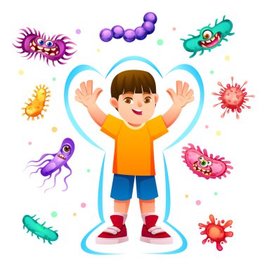 Etrafında virüs ve mikroplardan oluşan canavarlar uçuşurken koruyucu bir ışık kalkanının içinde duran genç bir çocuk. Vektör çizgi film illüstrasyonu