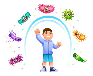 Kapüşonlu bir çocuk dairesel koruyucu enerji bariyerinin içinde duruyor. Vektör çizgi film illüstrasyonu