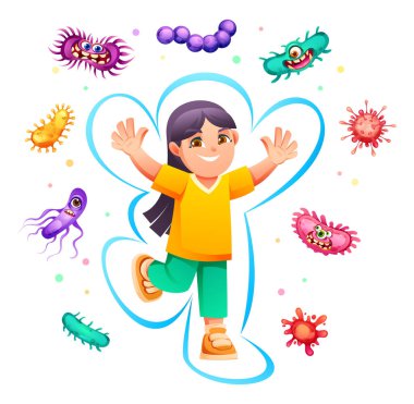 Mavi bir auranın içinde dikilip onu mikroplardan koruyan mutlu kız. Vektör çizgi film illüstrasyonu