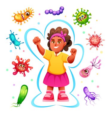 Kendine güvenen kız yumruklarını kaldırıyor ve çeşitli mikroplardan korunuyor. Vektör çizgi film illüstrasyonu