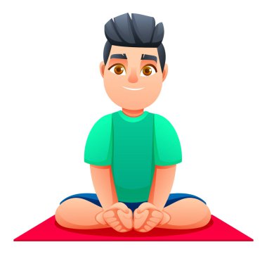 Bağlı Açı Pozu (Baddha Konasana) üzerinde ayak tabanlarıyla birlikte oturan genç çocuk. Vektör çizgi film karakteri çizimi