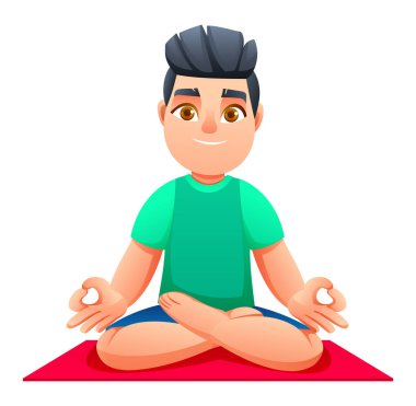 Lotus Pozu (Padmasana) üzerinde pratik yapan genç bir çocuk, Gyan Mudra 'da elleri çapraz oturuyor. Vektör çizgi film karakteri çizimi