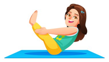 Kolları ve bacakları açık bir şekilde kuyruk kemiğinde dengede duran mutlu kız, bir minder üzerinde Boat Poose (Paripurna Navasana) pratik yapıyor. Vektör çizgi film karakteri çizimi