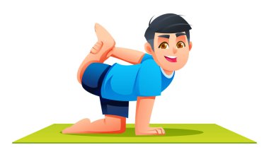 Erkek karakter yarım yay ya da Ardha Dhanurasana yoga pozunu yeşil bir hasırda veriyor. Geriye bükülme ve güç eğitimi. Vektör çizgi film illüstrasyonu