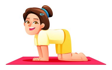 Minder üzerinde, elleri ve dizleri üzerinde, sırtı hafif kavisli ve başı yukarıda İnek Pozu (Bitilasana) pratiği yapan gülümseyen kız. Vektör çizgi film karakteri çizimi