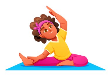 Mutlu kız minderde oturup yoga pozu veriyor. Çocuk sağlıklı bir yaşam tarzı için egzersiz yapıyor. Vektör çizgi film karakteri çizimi