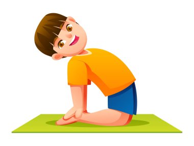 Deve Pozu 'nu (Ustrasana) hasırda pratik yapan gülümseyen çocuk, diz çökmüş, topuklarını tutuyor. Vektör çizgi film karakteri çizimi