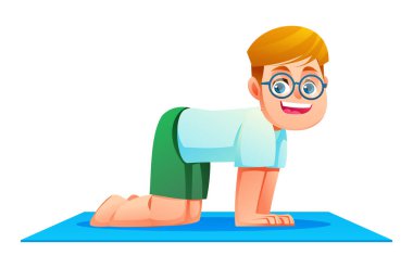 İnek Pozu 'ndaki (Bitilasana) mutlu çocuk, elleri ve dizleri üzerinde, sırtı hafifçe kavisli ve başı yukarıda. Vektör çizgi film karakteri çizimi