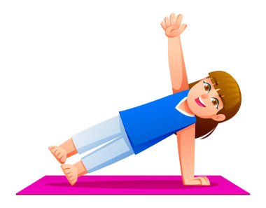 Gülen kız paspasın üzerinde Yan Plank Pozu (Vasisthasana) pratiği yapıyor. Çocuk çekirdek güçlendirici denge egzersizi yapıyor. Vektör çizgi film karakteri çizimi