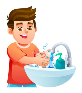 Elleri akan suyun altında, gerekli hijyenik alışkanlıklar için itme aparatıyla ovalanan mutlu çocuk. Vektör çizgi film illüstrasyonu