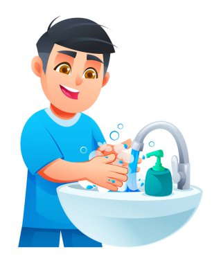 Çocuk ellerini lavaboda sabun ve suyla yıkıyor. Hijyen için. Vektör çizgi film illüstrasyonu