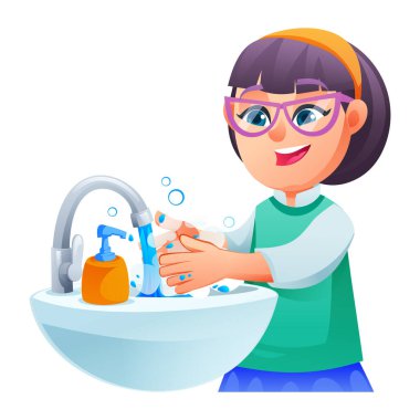Gözlük takan neşeli kız ellerini titizlikle banyo lavabosunda sabunla yıkıyor. Vektör çizgi film illüstrasyonu