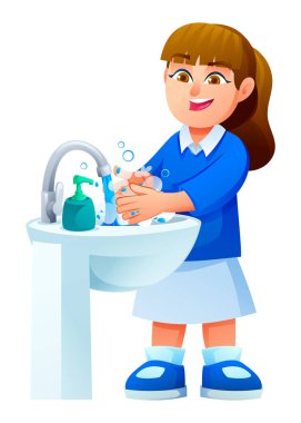 Okul üniformalı genç bir kız, gerekli sağlık bakımı için ellerini lavaboda yıkıyor. Vektör çizgi film illüstrasyonu