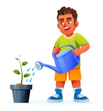 Küçük yapraklı filizleri mavi bir teneke kutuyla sulayan bir çocuk. İzole edilmiş mutlu çocuk bahçıvanlığı. Vektör çizgi film illüstrasyonu