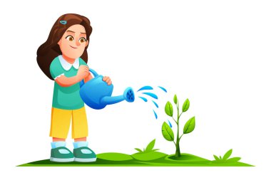 Küçük yapraklı bir filizi çimlerin üzerinde mavi bir teneke kutuyla sulayan mutlu kız. Vektör çizgi film illüstrasyonu