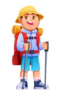 Şapka, şort ve yürüyüş direkleri tutan büyük bir sırt çantası giyen bir çocuk. Vektör çizgi film karakteri çizimi