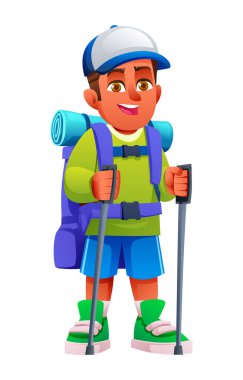 Şapkalı, yeşil tişörtlü, şortlu ve büyük sırt çantalı yürüyüş direkleri tutan bir çocuk. Vektör çizgi film karakteri çizimi