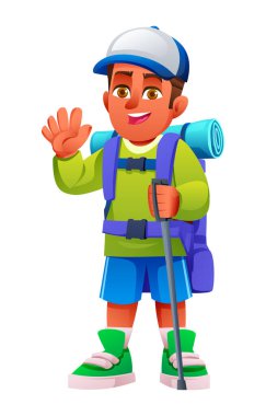 Çocuk yürüyüşçü bir kep ve sırt çantası takıyor, tek eliyle el sallıyor ve yürüyüş sopası tutuyor. Vektör çizgi film karakteri çizimi