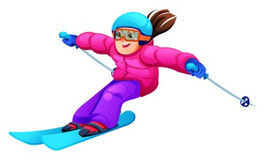 Parlak kar takım elbiseli ve pantolonlu mutlu kız yokuş aşağı kayak yapıyor. Vektör çizgi film illüstrasyonu