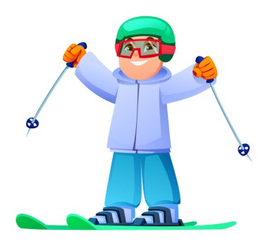 Kask takmış ve kar için ceketini giymiş sırık tutan gülümseyen çocuk. Vektör çizgi film karakteri çizimi