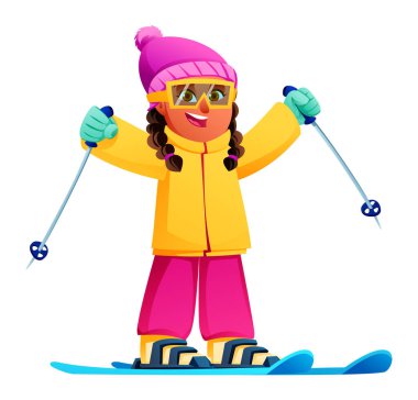 Bere, ceket ve koruyucu kışlık giysiler giyerek kayak yapan mutlu bir kız. Vektör çizgi film karakteri çizimi